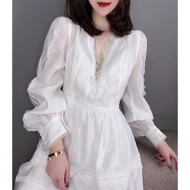 气质轻薄白色收腰V领长袖连衣裙欧洲站2020秋季女装新款欧货韩版