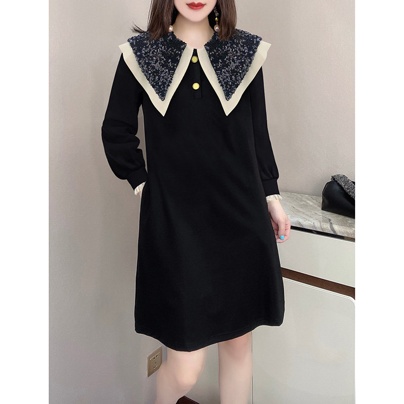 赫本风气质娃娃领黑色直筒宽松连衣裙欧洲站2021秋季女装新款欧货