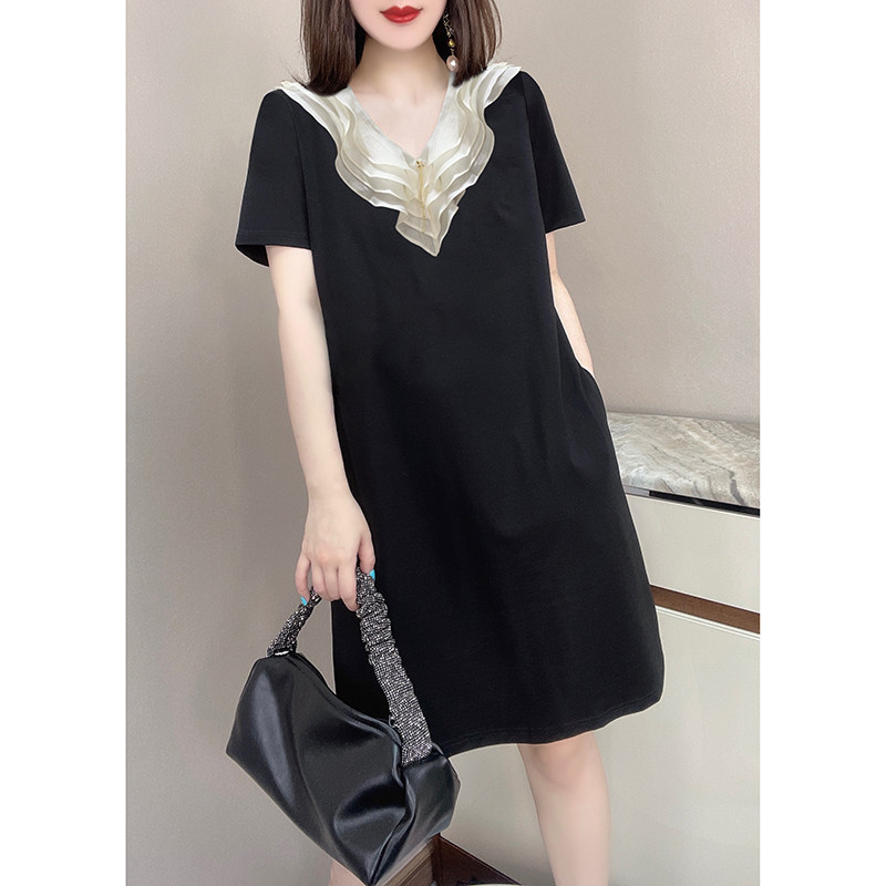 设计感小众荷叶边v领短袖宽松显瘦黑色连衣裙欧洲站2022夏季新款