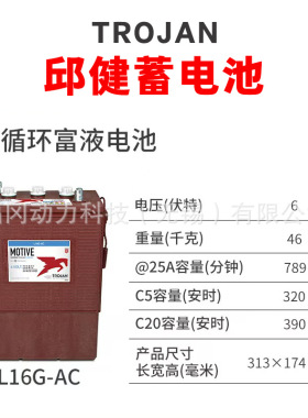 美国铅酸蓄电池动力电瓶邱健Trojan L16G-AC6V 390AH容量规格配件