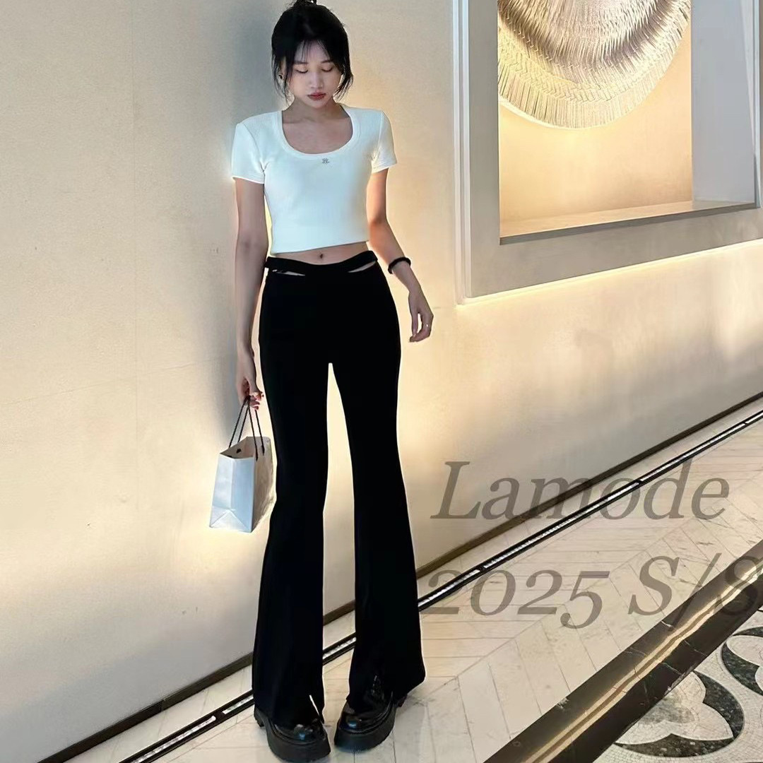 金cc原创设计感腰部镂时尚气质修身显瘦显腿长微喇裤子女高腰长裤