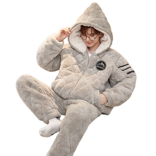 珊瑚绒睡衣男款冬季加厚加绒三层夹棉青少年男士秋冬款保暖家居服