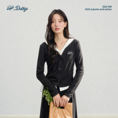 连帽撞色拼接假两件显瘦针织衫女