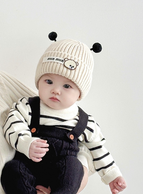 婴儿帽子秋冬季超萌加厚婴幼儿触角针织帽6个月1岁男女宝宝毛线帽