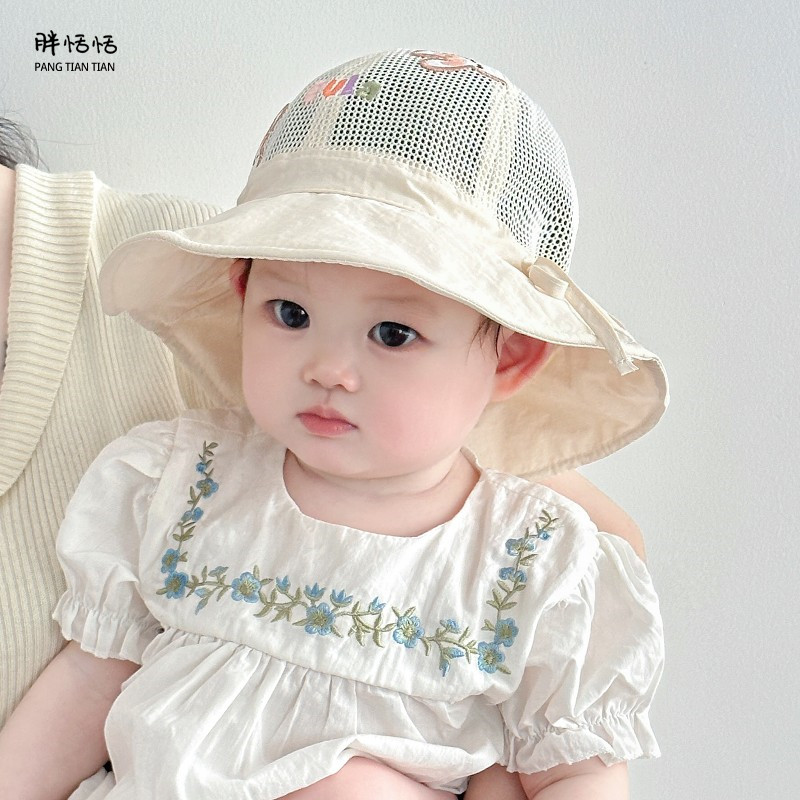 婴儿防晒帽子夏季韩版可爱小兔子遮阳帽女童宝宝渔夫帽网眼太阳帽