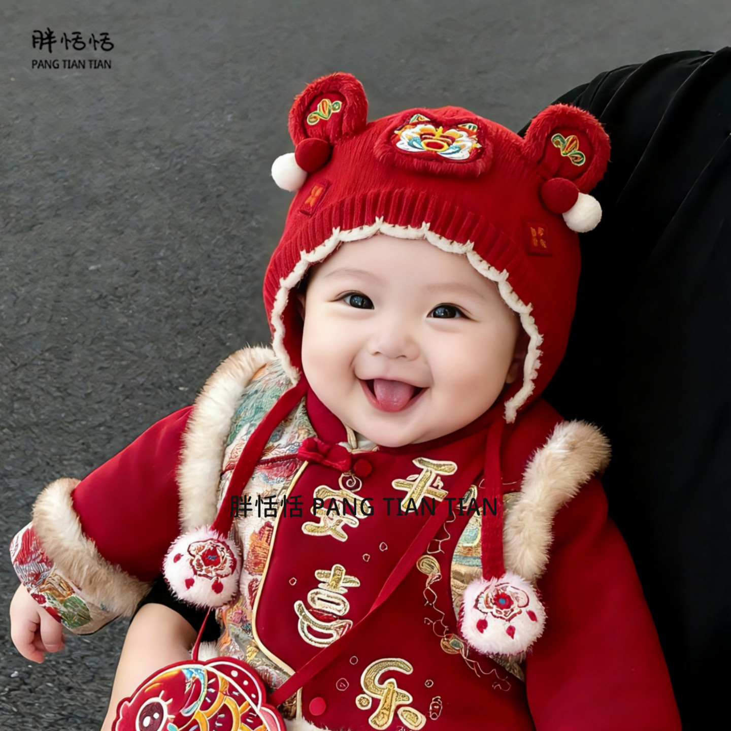 婴儿新年帽子冬季红色小月龄醒狮包头帽新生儿宝宝护耳国风毛线帽