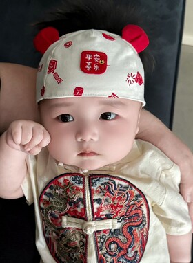 婴儿帽子夏季薄款小月龄红色纯棉发带新生儿宝宝百天护头囟门胎帽