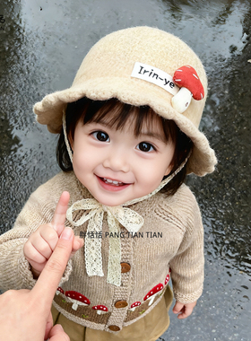 儿童帽子秋冬季韩版洋气蘑菇针织渔夫帽1-6岁小女孩宝宝毛线盆帽