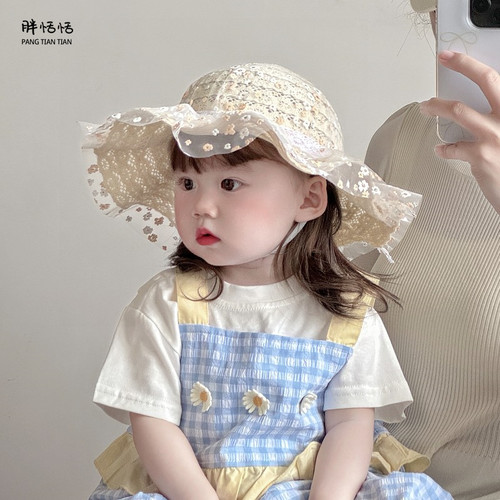 女童遮阳帽子夏季韩系蕾丝婴儿大檐太阳帽女宝宝户外透气防晒草帽