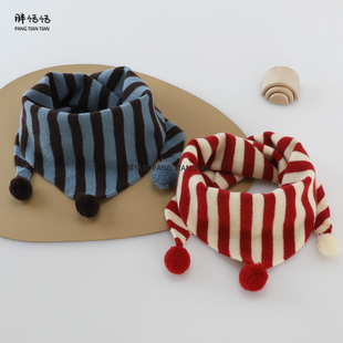 宝宝围巾秋冬季韩版条纹婴儿针织围脖冬款男女儿童保暖护颈三角巾