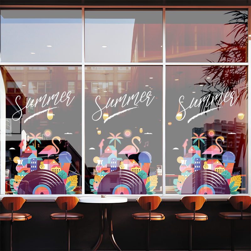 ins网红店铺玻璃门卡通个性创意装饰贴画几何图形手绘插画贴纸图片