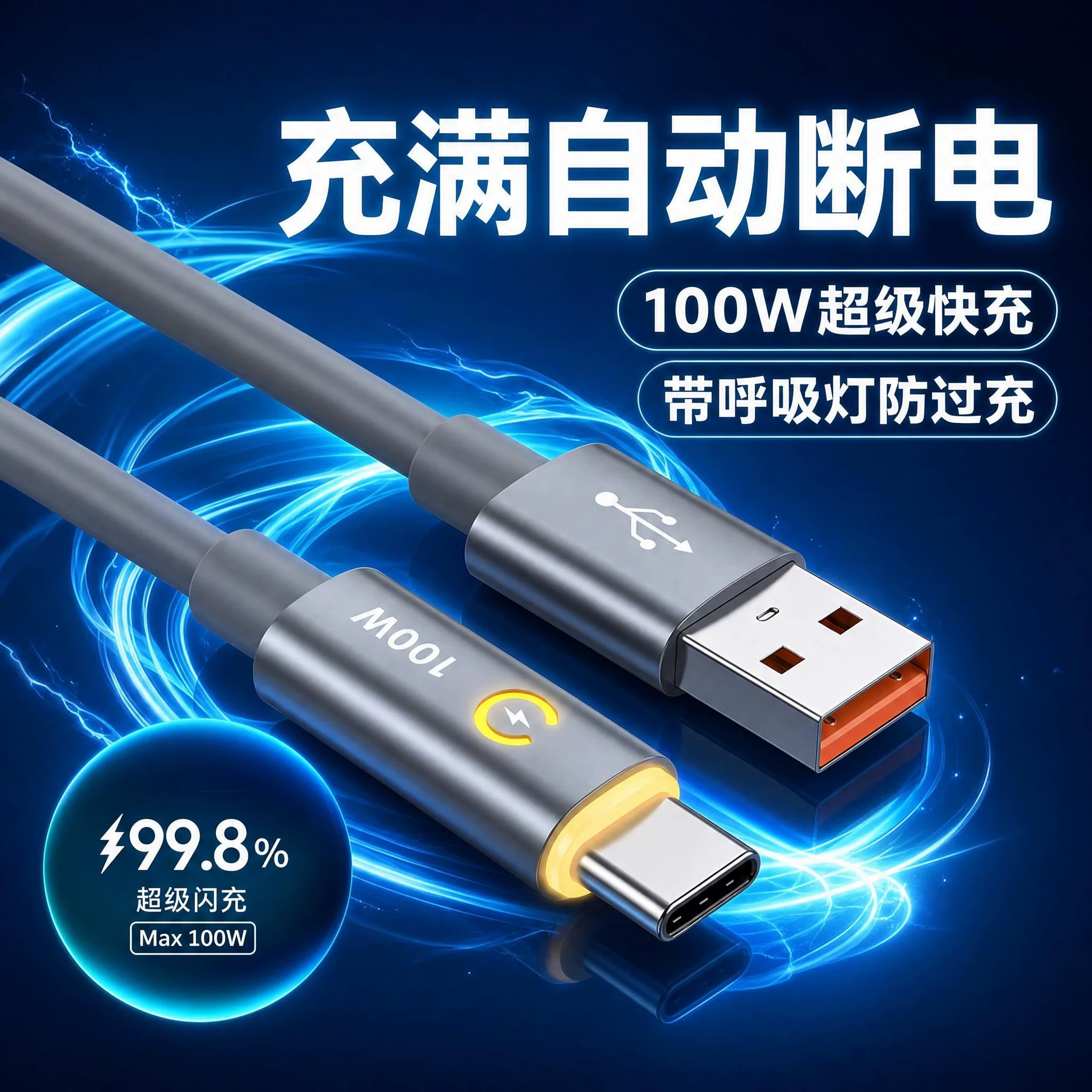 双色呼吸灯智能断电超级快充数据线适用苹果17/18华为荣耀多协议