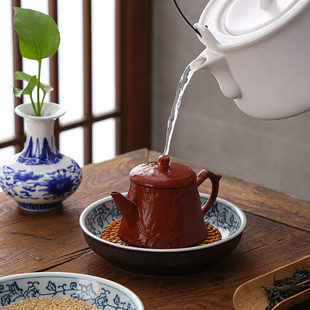 复古手绘蓝莲花陶瓷壶承藤编干泡台养紫砂壶茶壶大号丝瓜络壶托垫