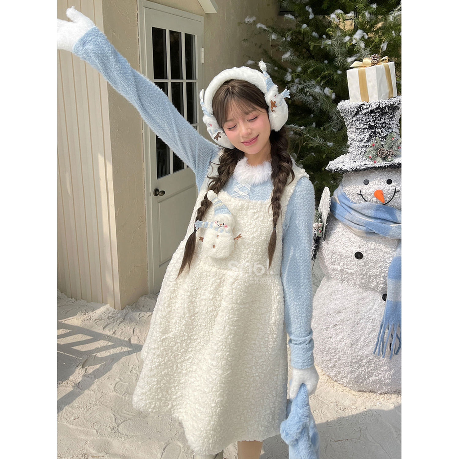 雪人羊羔绒背带裙+毛衣打底衫两件套2025年新款A字秋冬连衣裙套装