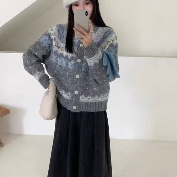 森系北欧复古风粗棒针织手工冰岛毛衣女秋开衫宽松奶呼呼针织外套