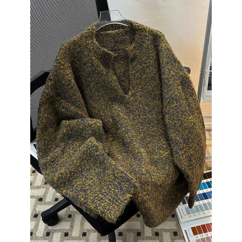 高级感青绿色V领毛线衣男女叠穿秋冬cleanfit针织衫宽松毛绒外套