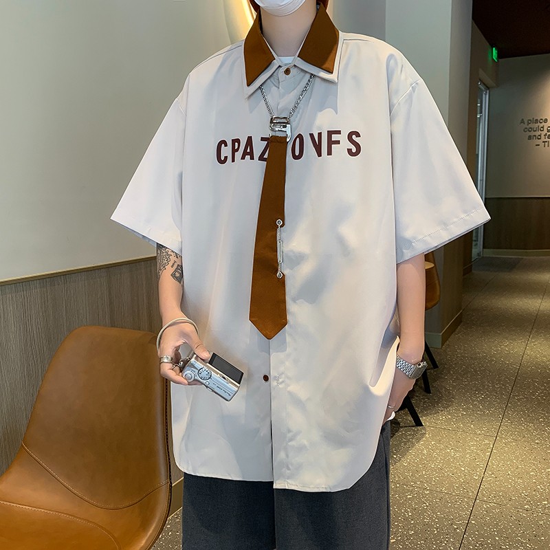 小众设计感领带短袖衬衫男生夏季美式高级学院百搭帅气休闲上衣男