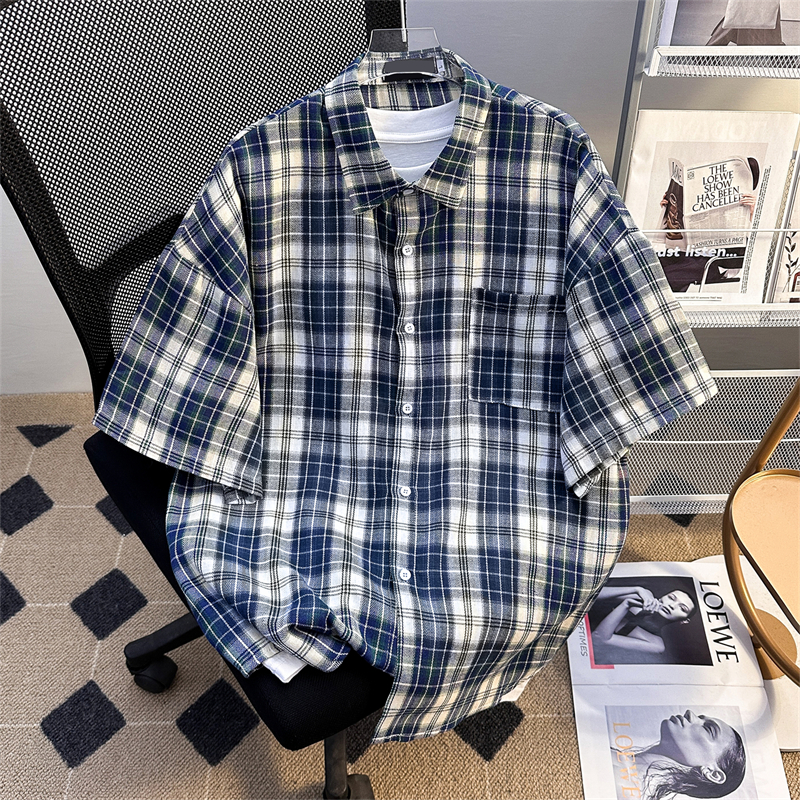 蓝色格子短袖衬衫男款夏季日系复古vintage宽松休闲百搭衬衣外套