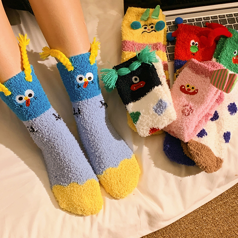 可爱搞怪毛茸茸睡眠袜子女秋冬季保暖珊瑚绒堆堆袜居家地板袜学生