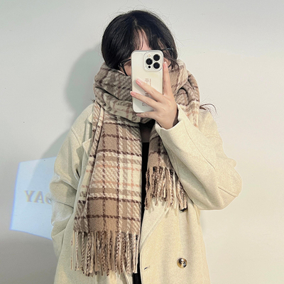 保暖流苏仿羊绒格子围巾韩版秋冬