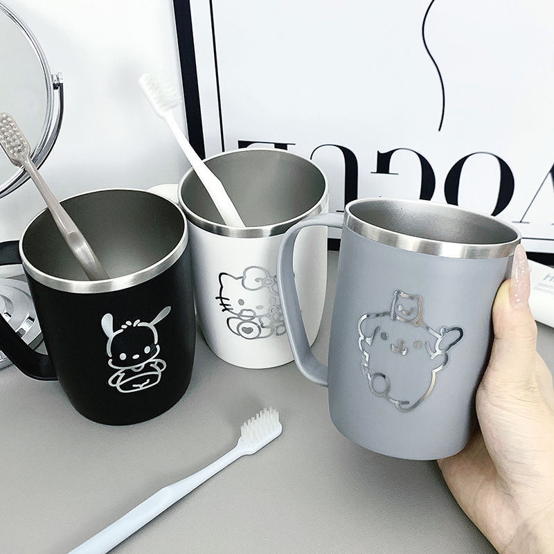 可爱三丽欧防摔漱口杯不锈钢洗漱杯带手柄一家三口简约刷牙水杯