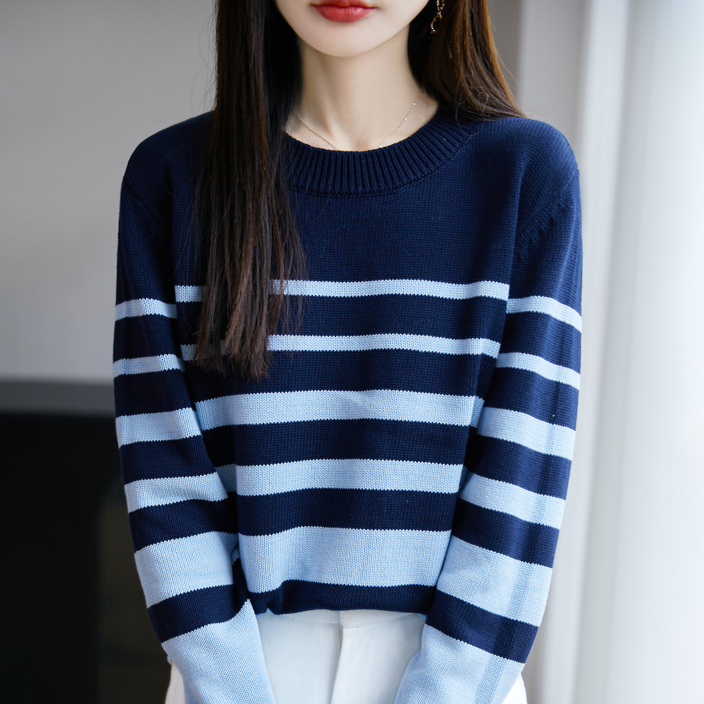 时尚洋气纯棉宽条纹圆领毛衣女秋冬内搭宽松显瘦百搭针织打底衫女,女装/女士精品,毛衣,淘宝优惠券,粉丝福利购,淘宝优惠卷