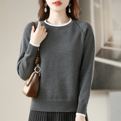 拼色加厚100%纯棉圆领毛衣女秋冬
