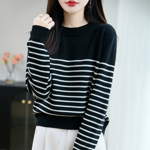 设计感100%纯棉条纹圆领毛衣女