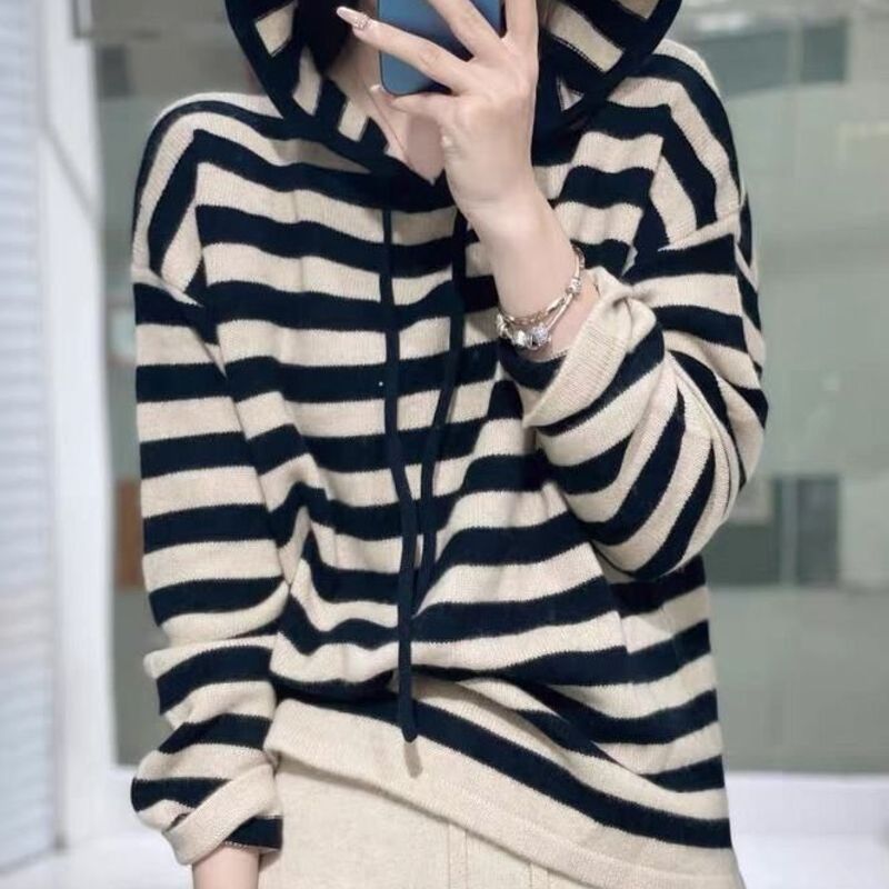 羊毛条纹绒毛衣卫衣女连帽打底新款针织显瘦秋冬套头长袖慵懒风