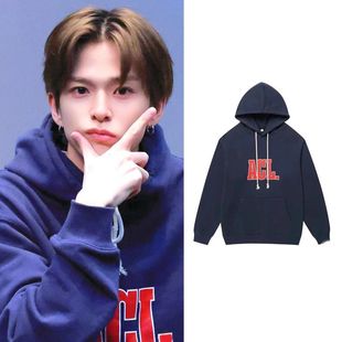 滨田朝光尹材赫同款 上衣 藏青色连帽卫衣字母印花男女宽松套头长袖
