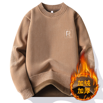 潮流刺绣加绒毛衣男秋冬装打底衫