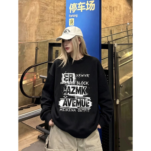 美式复古潮牌女装秋季宽松百搭圆领印花卫衣美式休闲ins情侣装