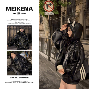 拼接铆钉甜酷设计款 立体耳朵连帽皮衣美式 情侣开衫 杜宾犬皮衣