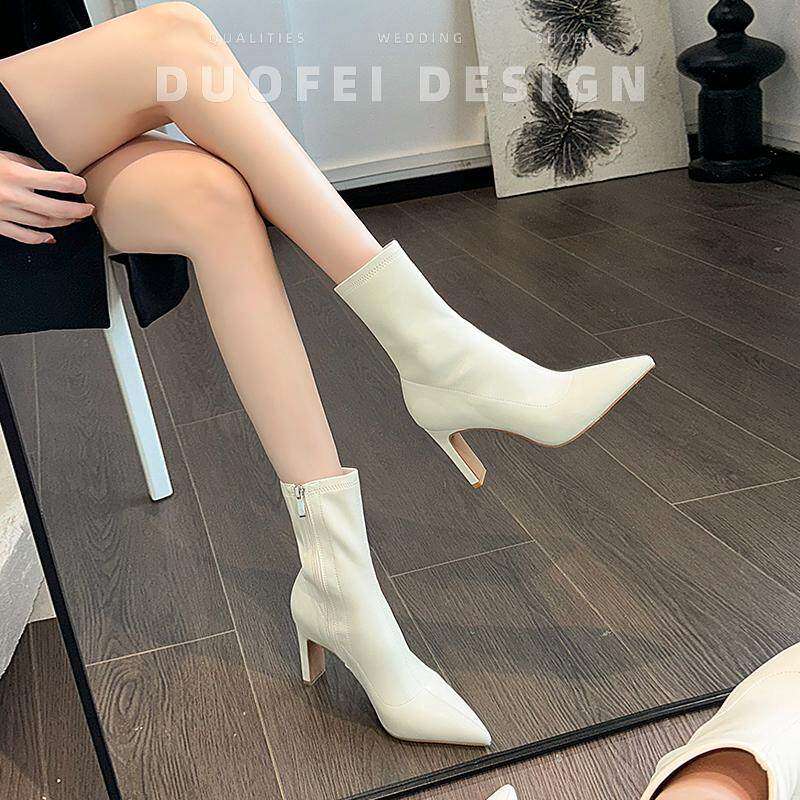 白色高跟短靴女秋冬季2026年新款法式粗跟尖头细跟皮靴瘦瘦靴单靴
