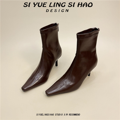 韩版气质高跟尖头瘦瘦靴子女秋冬新款细跟时尚软皮短靴法式加绒