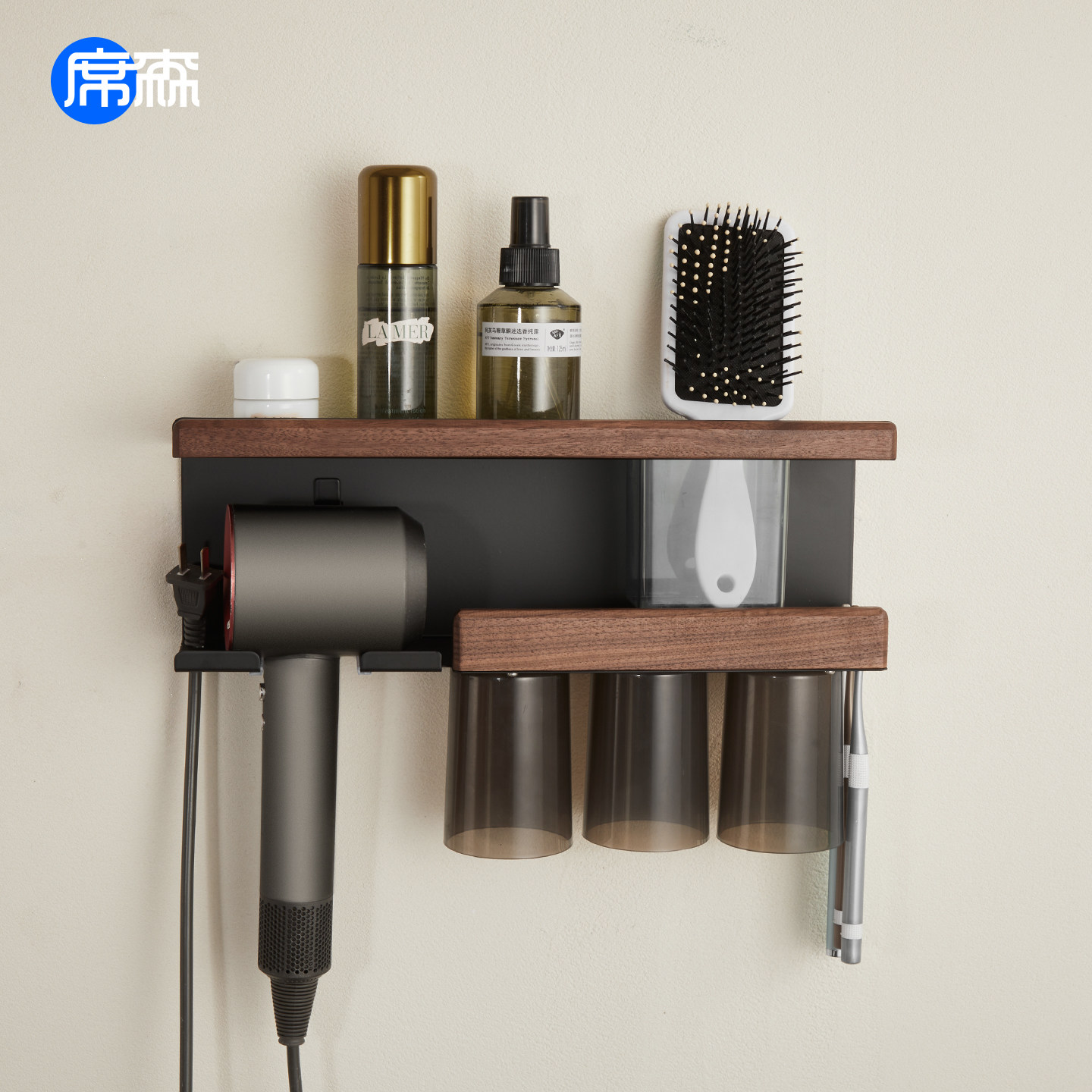 胡桃木吹风机架洗手卫生间浴室洗漱台刷牙杯收纳牙刷架牙刷置物架