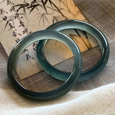 天然玛瑙手镯冰透库里玉髓蓝翡翠平替天青冻冰种玉石玉髓手镯
