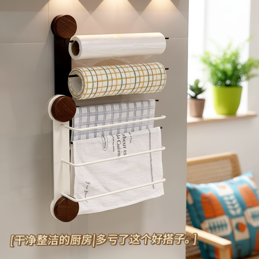 新款免打孔厨房保鲜膜收纳架多功能吸盘置物架抹布加长挂架可拆卸