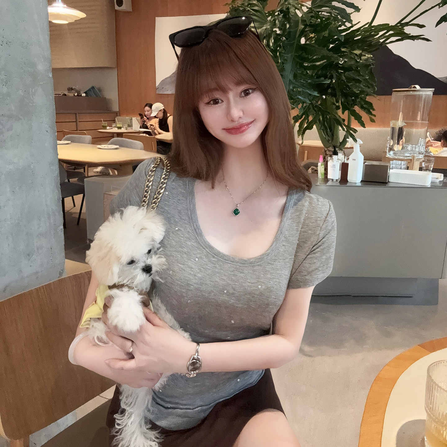 欧货正品专柜精品烫钻印花夏莱赛尔大圆领修身上衣灰色短袖T恤女