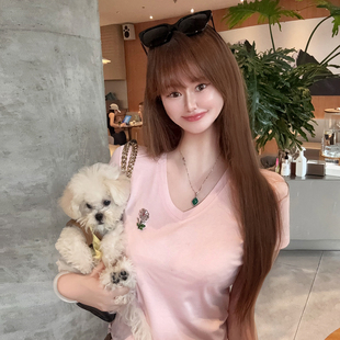 欧货精品专柜夏季V领钉珠丝光棉粉色修身显瘦短袖T恤女