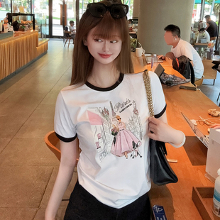 欧货南油专柜精品百搭休闲印花烫钻夏棉白短袖T恤上衣女