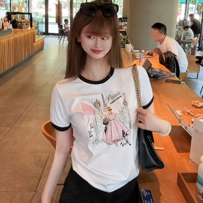 夏季百搭印花烫钻短袖T恤女