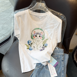 专柜韩版精品甜美百搭休闲印花烫钻显瘦夏棉白短袖T恤上衣女
