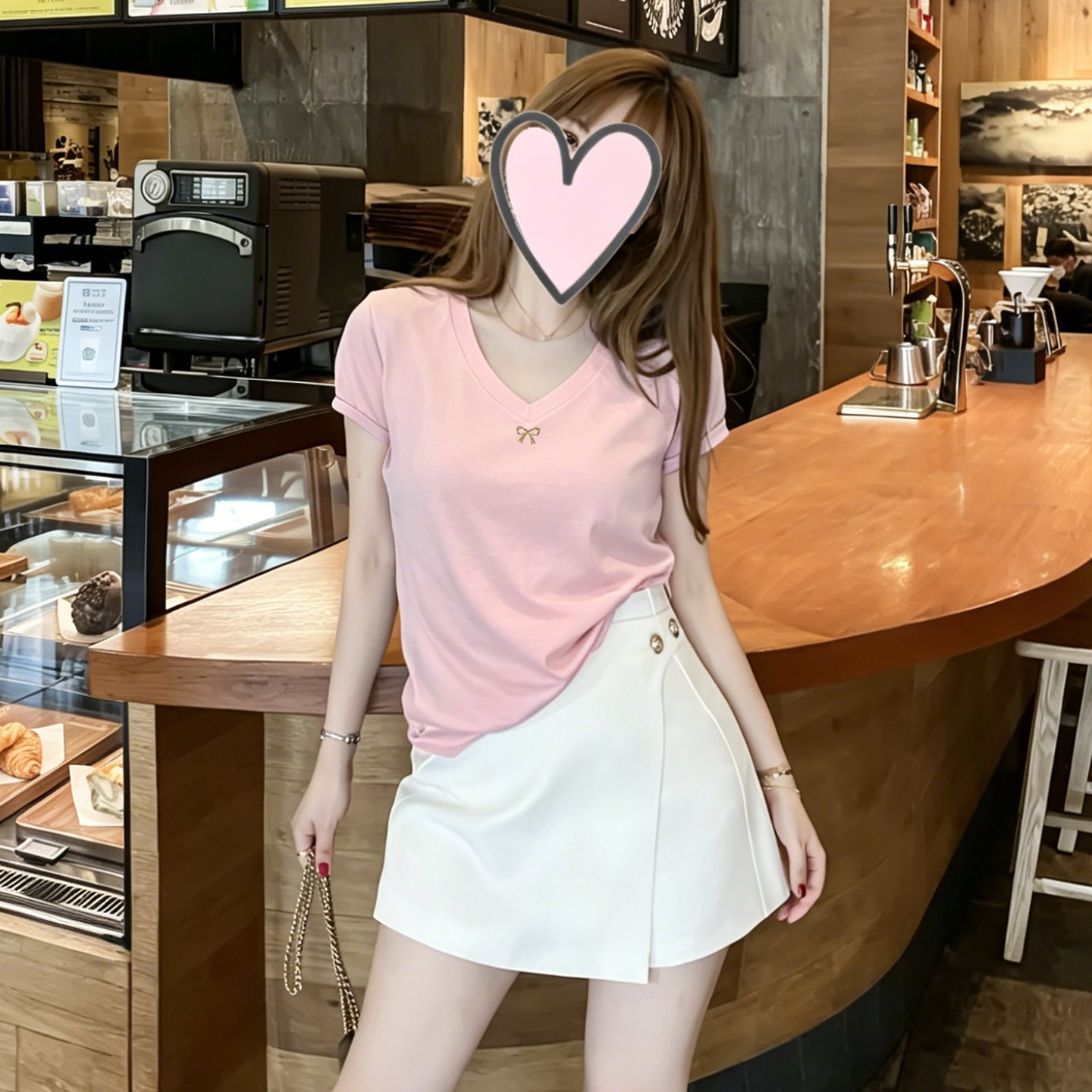 欧货高档精品甜美百搭休闲蝴蝶结V领修身夏薄浅粉短袖T恤上衣女