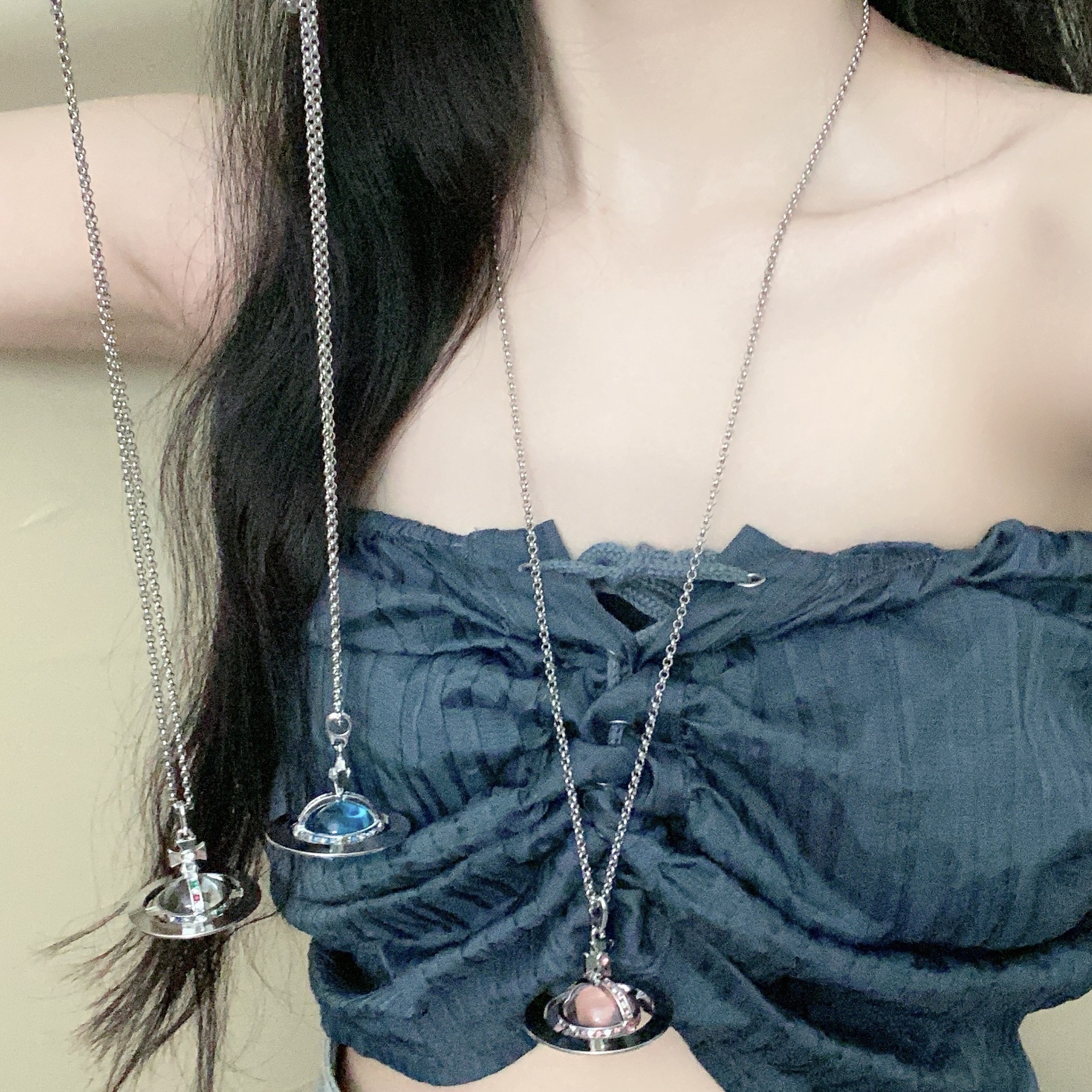 西太后立体土星吊坠项链跨境星球大号飞碟锁骨链时尚气质百搭项饰