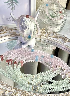 搭配爆款夏款上款水晶手链葡萄石草莓晶马粉多圈设计学生党送闺蜜