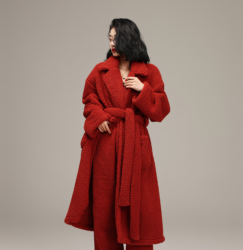 碧绒红色本命年睡衣女秋冬季珊瑚绒加绒加厚龙年长款睡袍浴袍套装