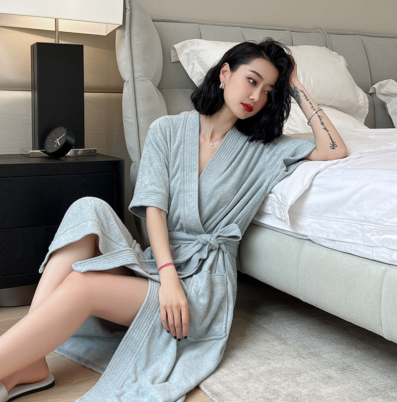 碧绒浴袍女夏季纯棉薄款性感长款吸水速干短袖网红小个子浴室睡袍