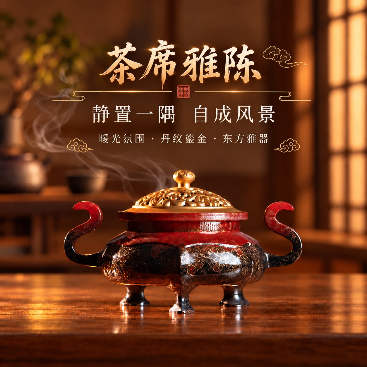 大漆鎏金纯黄铜海棠香炉