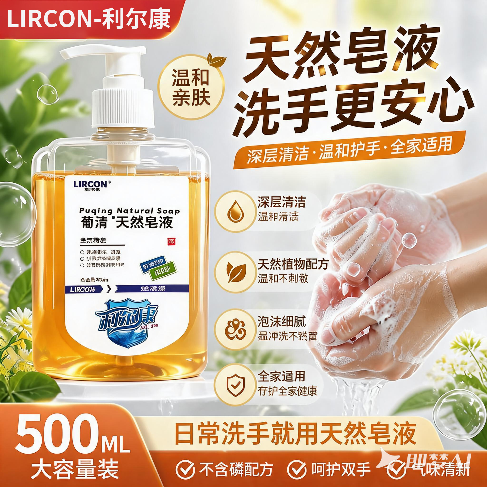 利尔康葡清天然皂液洗手液家用医用同款除菌抑菌儿童孕妇植物无磷